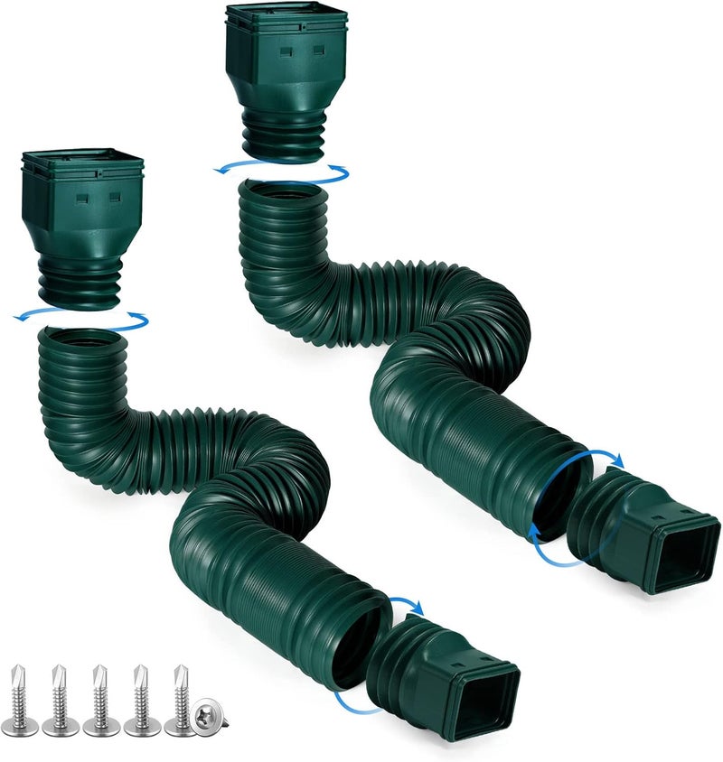 plusgutter Green-2pack Rain Gutter Downspout Extensions Flexible, Drain Downspout Extender,Down Spout Drain Extender, Gutter Connector Rainwater Drainage,Extendable from 21 to 68 Inches - Image 1